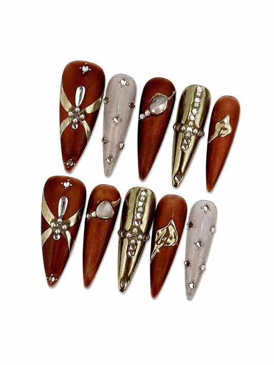 Burnt Orange Press-On Nails – Gold Chrome Details – Pearl 3D Long Almond