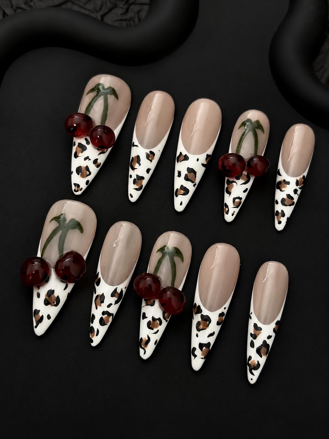Cherry Press-On Nails – Leopard Print French Tip – 3D Fruit Details