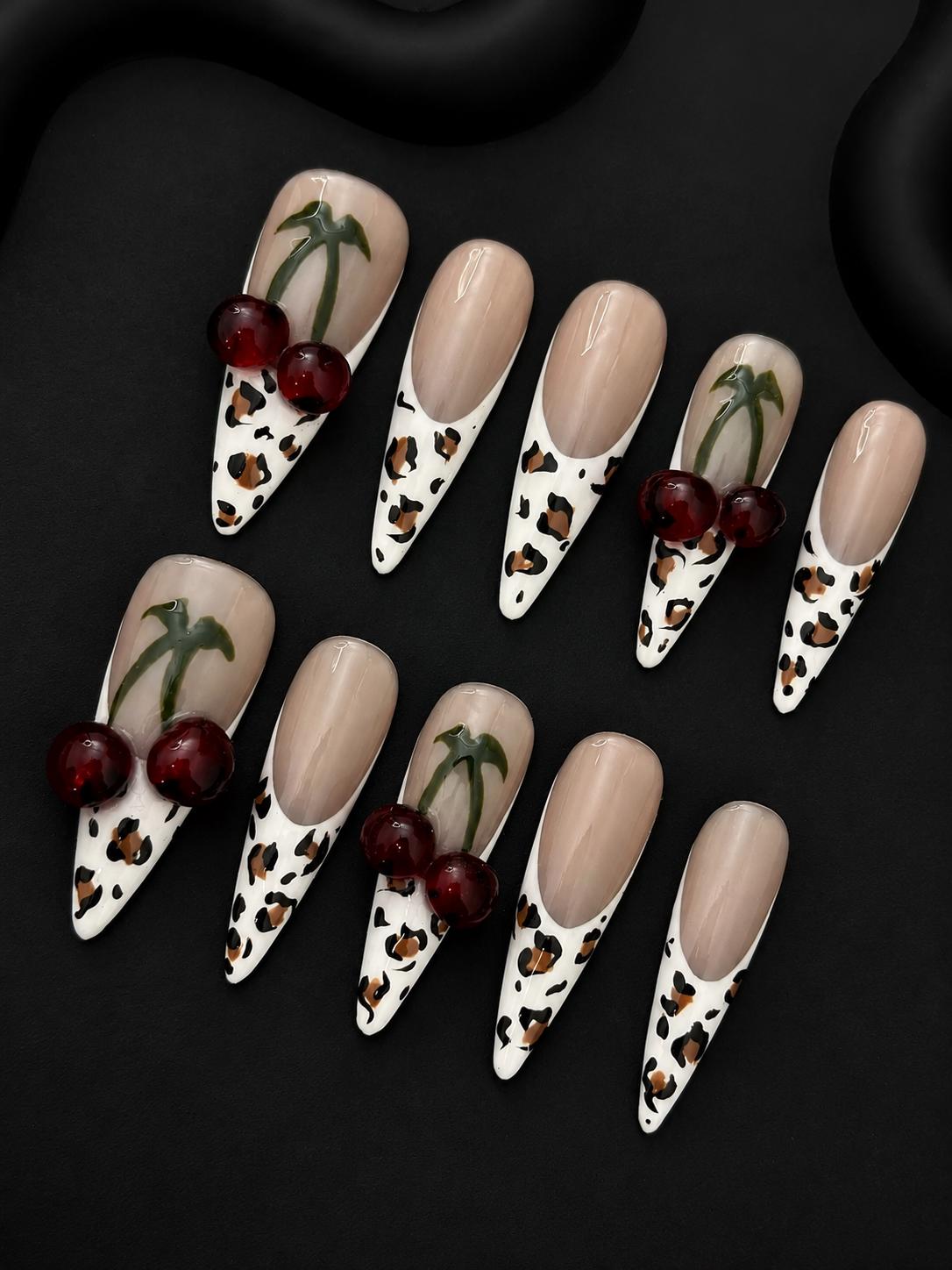 Cherry Press-On Nails – Leopard Print French Tip – 3D Fruit Details