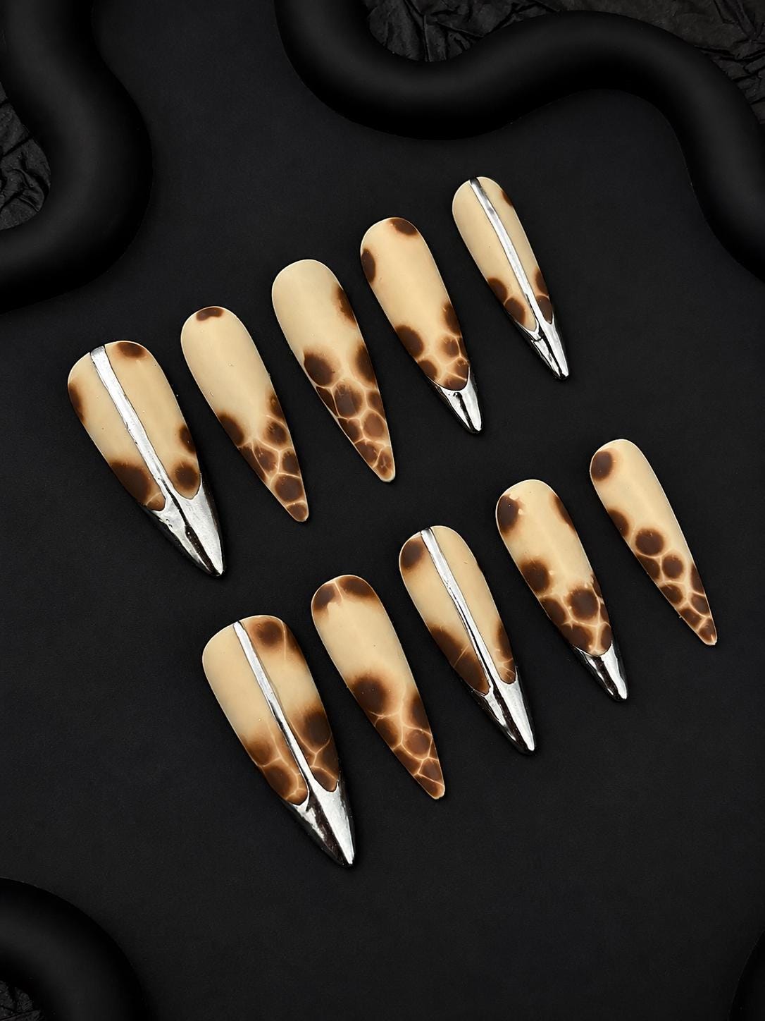 Brown Press-On Nails – Silver Chrome French Tip – Abstract Animal Print