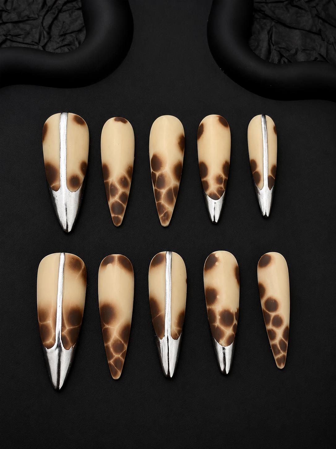 Brown Press-On Nails – Silver Chrome French Tip – Abstract Animal Print