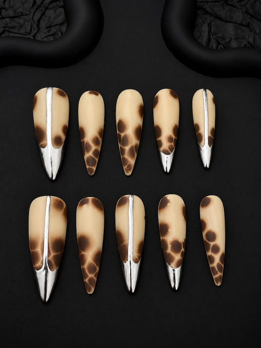 Brown Press-On Nails – Silver Chrome French Tip – Abstract Animal Print