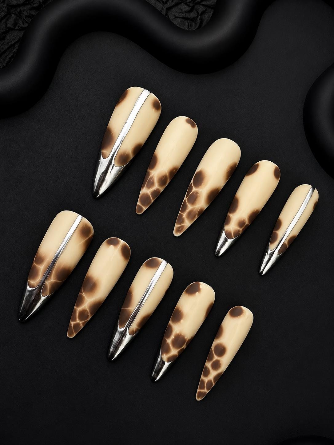 Brown Press-On Nails – Silver Chrome French Tip – Abstract Animal Print