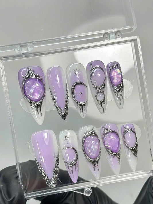 Gothic Purple Press-On Nails – 3D Silver Chrome Crystal – Celestial Y2K Details