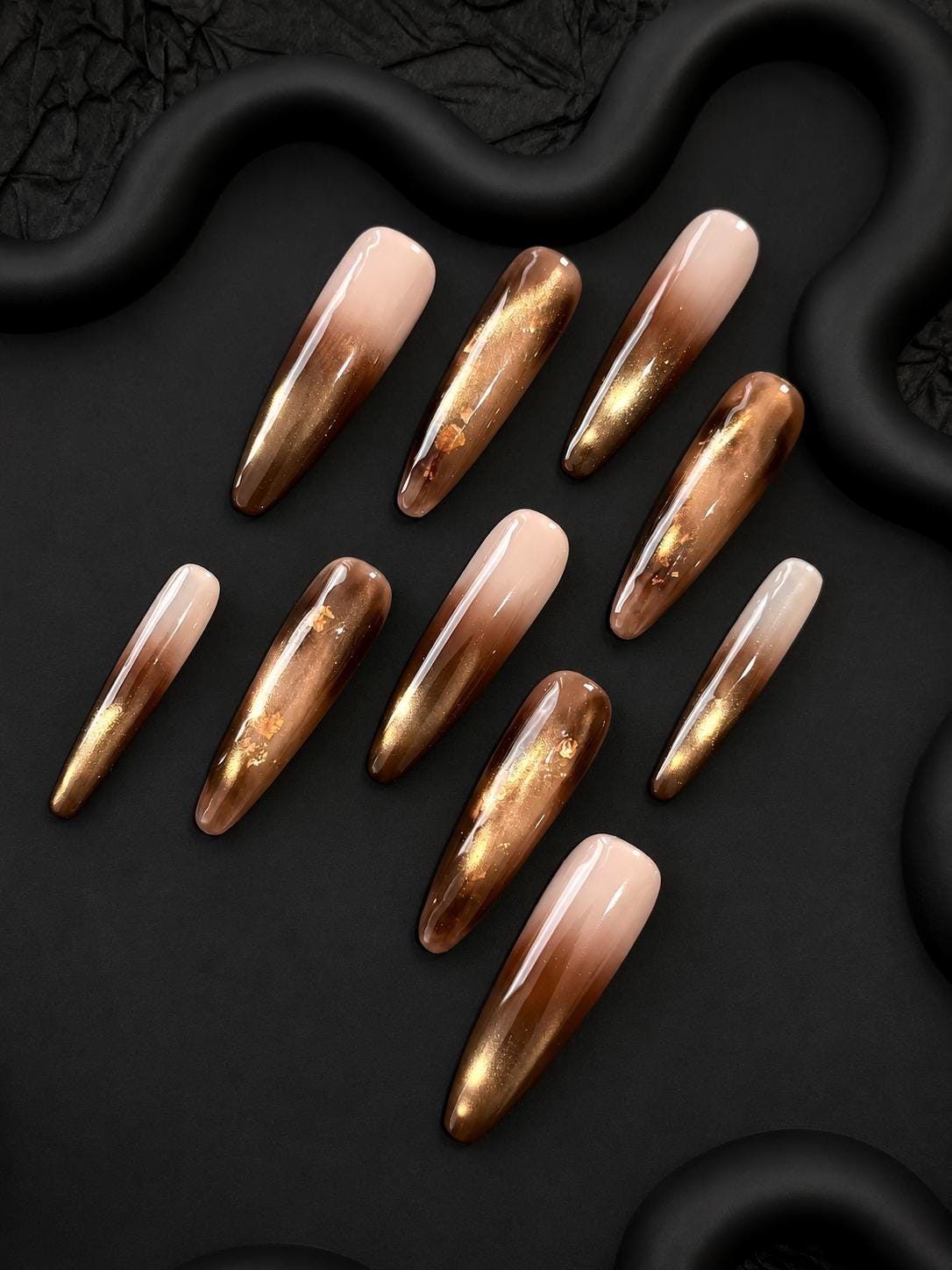 Brown Ombre Press-On Nails – Gold Cat Eye – Nude Long Almond