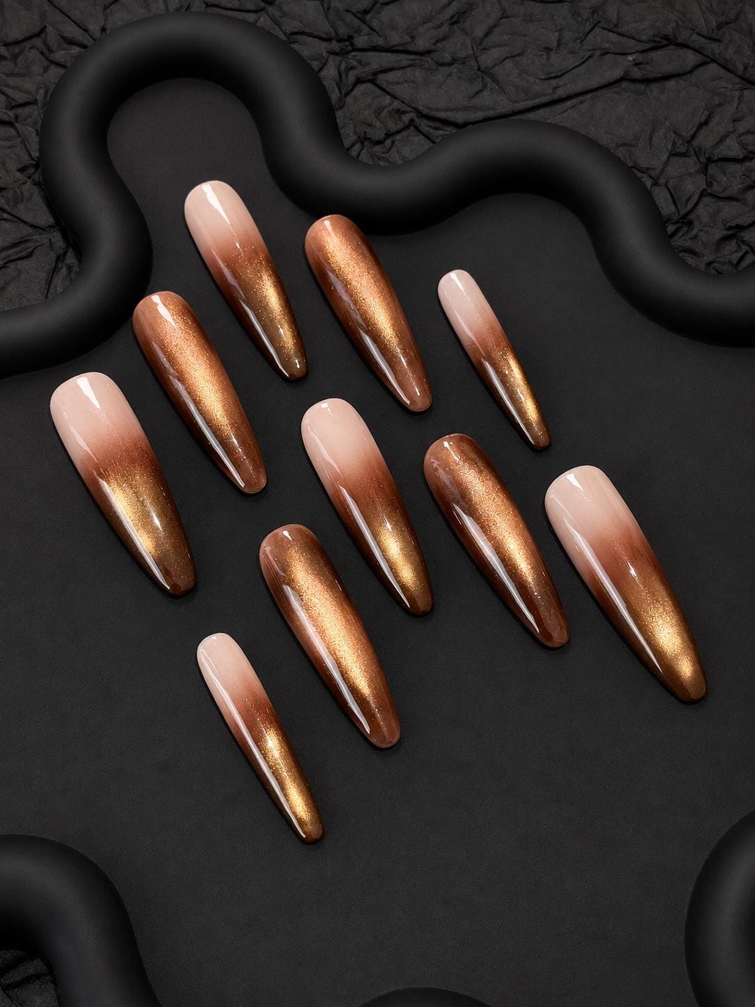 Brown Ombre Press-On Nails – Gold Cat Eye – Nude Long Almond