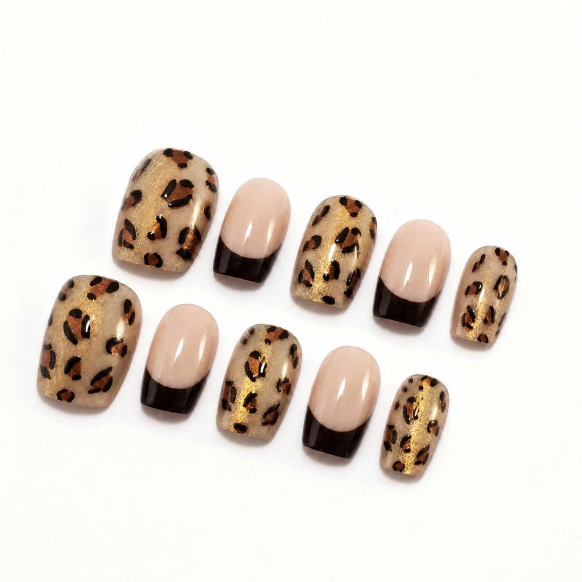Leopard Print Press-On Nails – Gold Glitter Animal Print – Brown French Tip Short Square