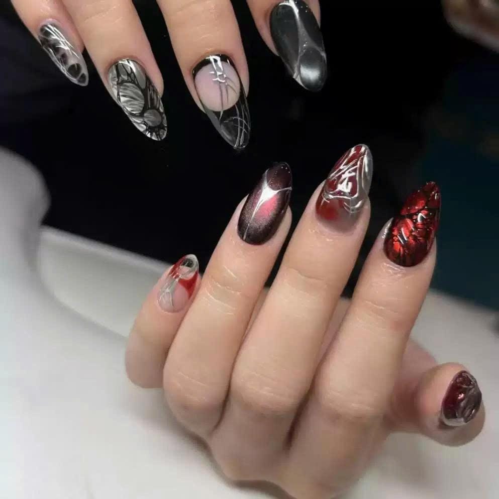 Y2K Red & Black Press-On Nails – Silver Chrome Web Details – Gothic Heart Almond