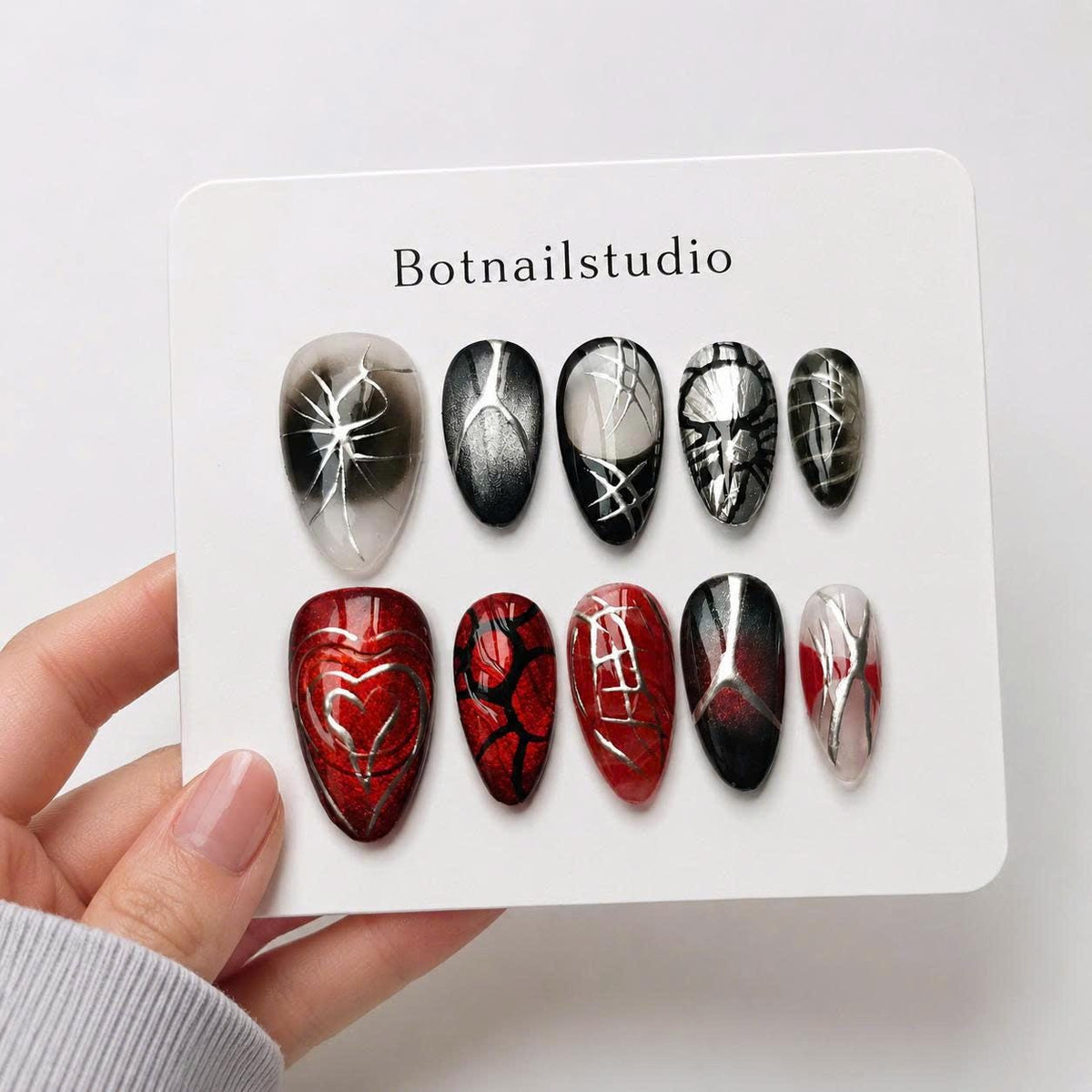 Y2K Red & Black Press-On Nails – Silver Chrome Web Details – Gothic Heart Almond