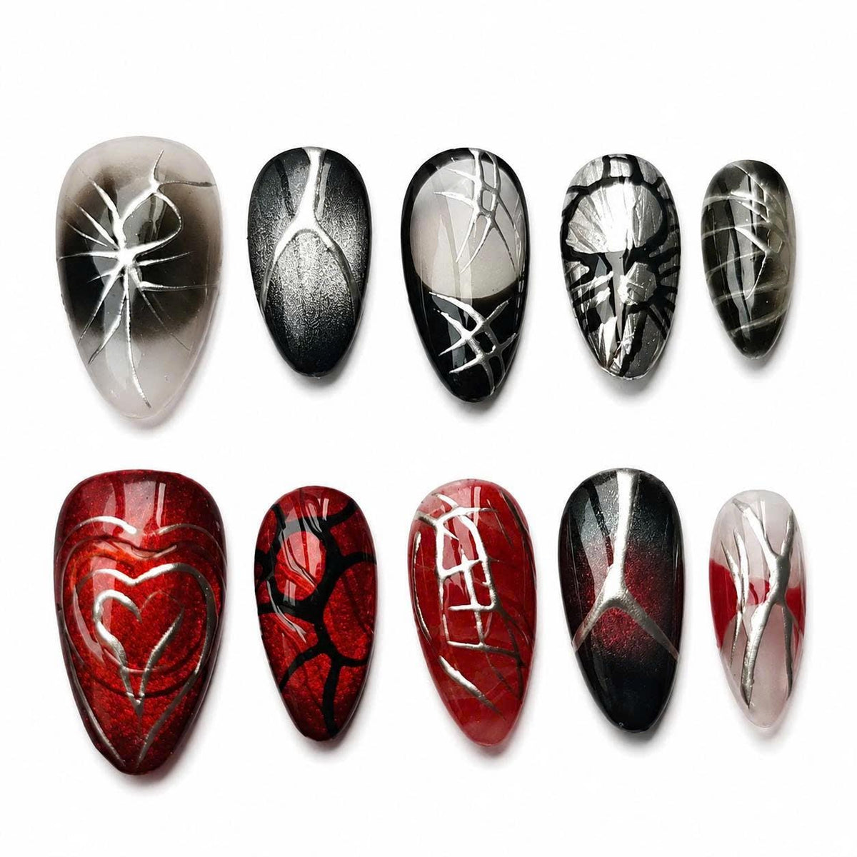 Y2K Red & Black Press-On Nails – Silver Chrome Web Details – Gothic Heart Almond