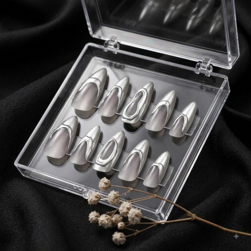 Silver Chrome Press-On Nails – 3D Abstract Metallic – Medium Almond