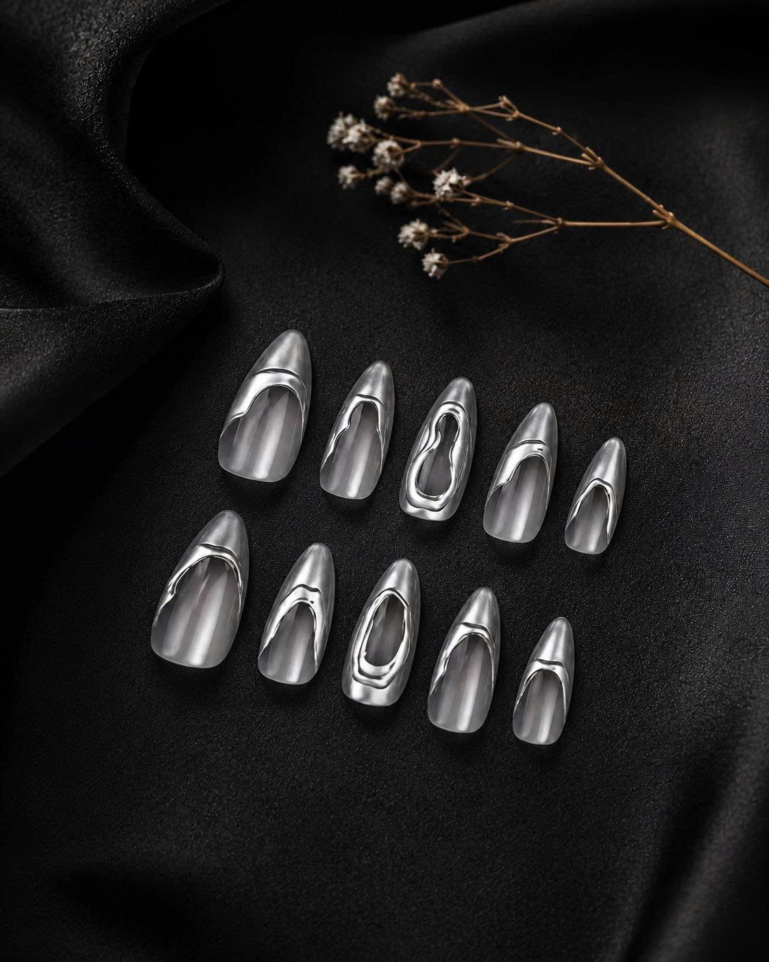 Silver Chrome Press-On Nails – 3D Abstract Metallic – Medium Almond