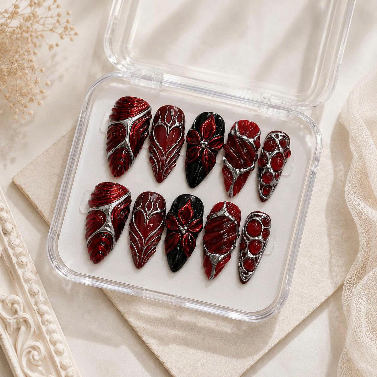 Dark Red Press-On Nails – Gothic 3D Floral Details – Black & Silver Chrome