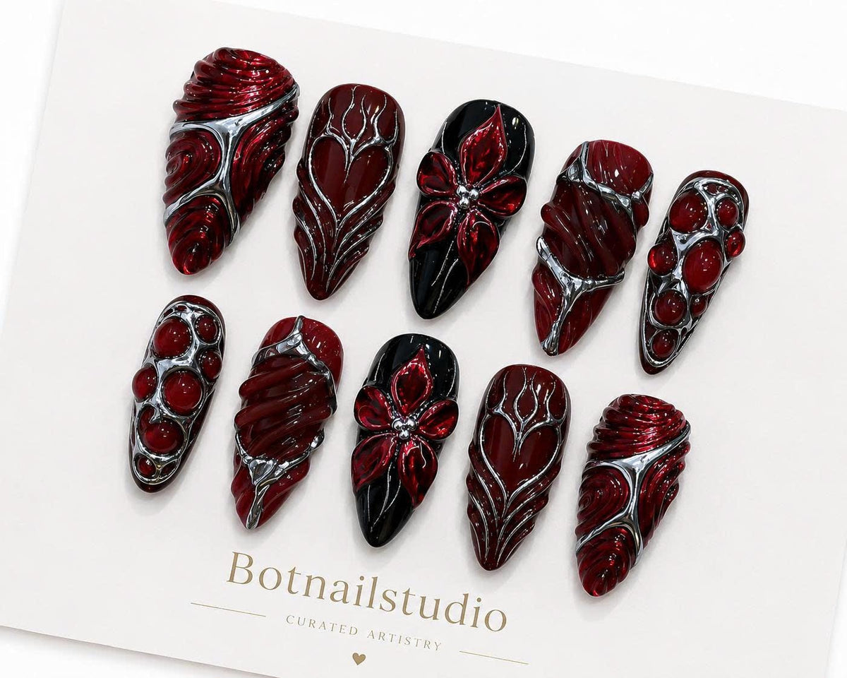 Dark Red Press-On Nails – Gothic 3D Floral Details – Black & Silver Chrome