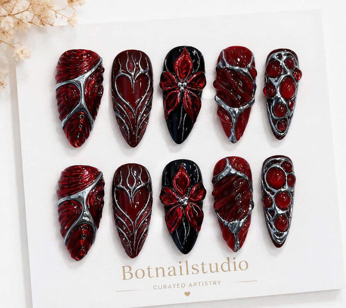 Dark Red Press-On Nails – Gothic 3D Floral Details – Black & Silver Chrome
