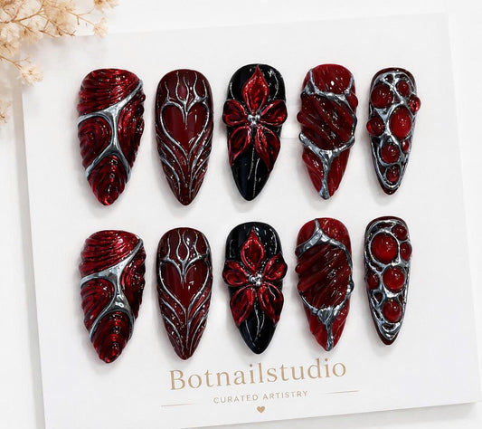 Dark Red Press-On Nails – Gothic 3D Floral Details – Black & Silver Chrome