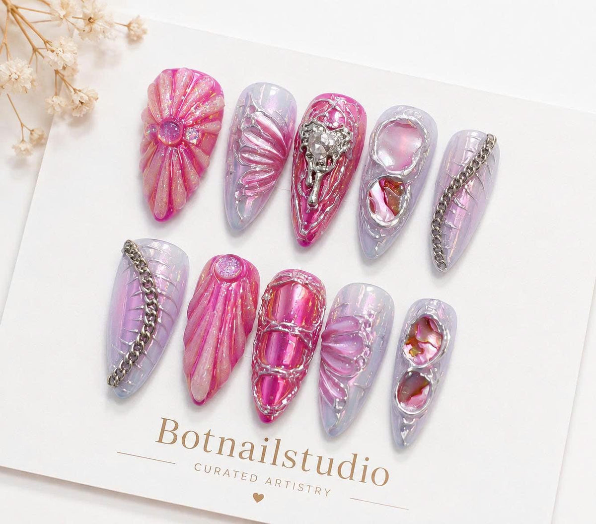 Pink Chrome Press-On Nails – 3D Metallic Details – Silver Chain & Gem