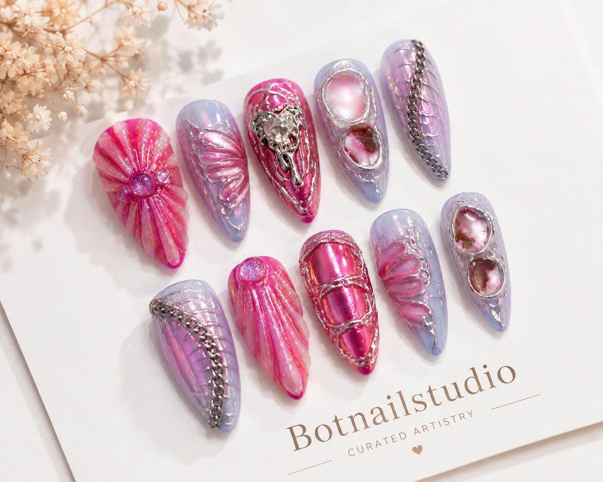Pink Chrome Press-On Nails – 3D Metallic Details – Silver Chain & Gem