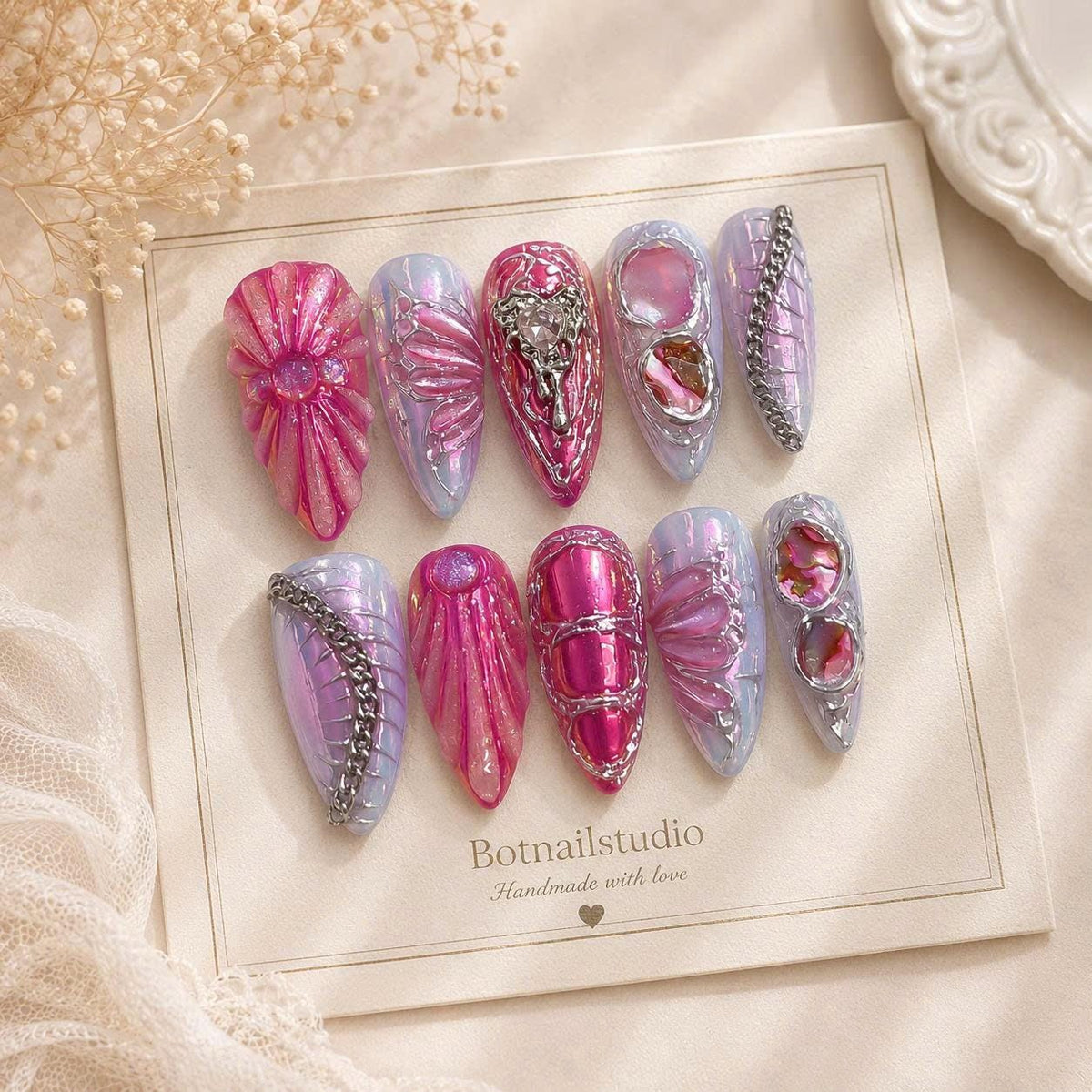 Pink Chrome Press-On Nails – 3D Metallic Details – Silver Chain & Gem