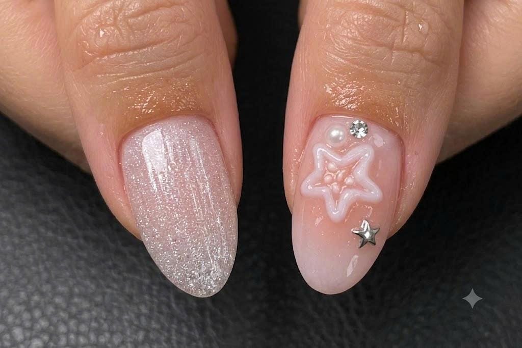 Silver Glitter Press-On Nails – 3D Bow & Star Details – Pink Chrome Almond