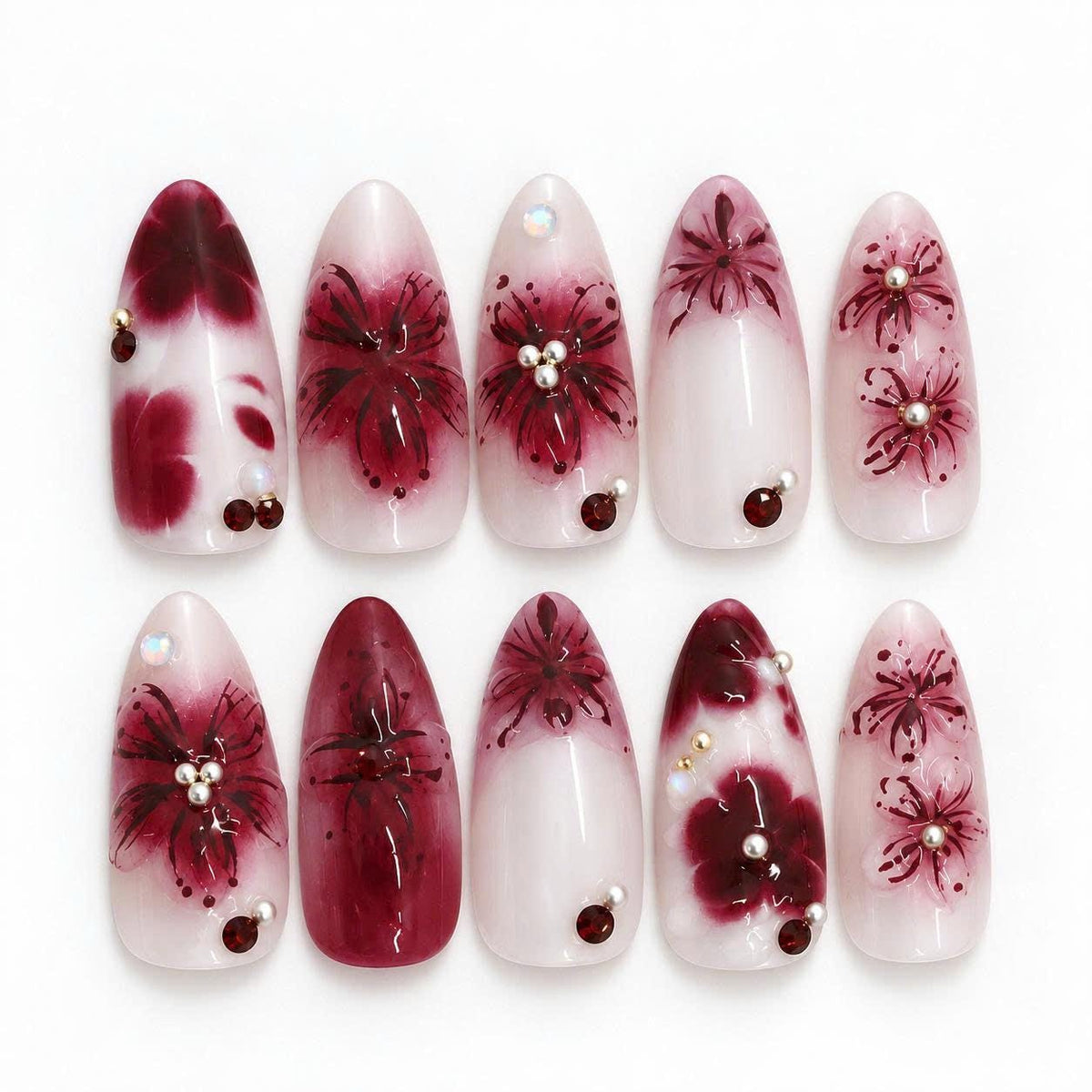 Burgundy Floral Press-On Nails – Red Flower Details – Pearl & Rhinestone