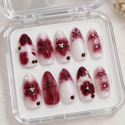Burgundy Floral Press-On Nails – Red Flower Details – Pearl & Rhinestone
