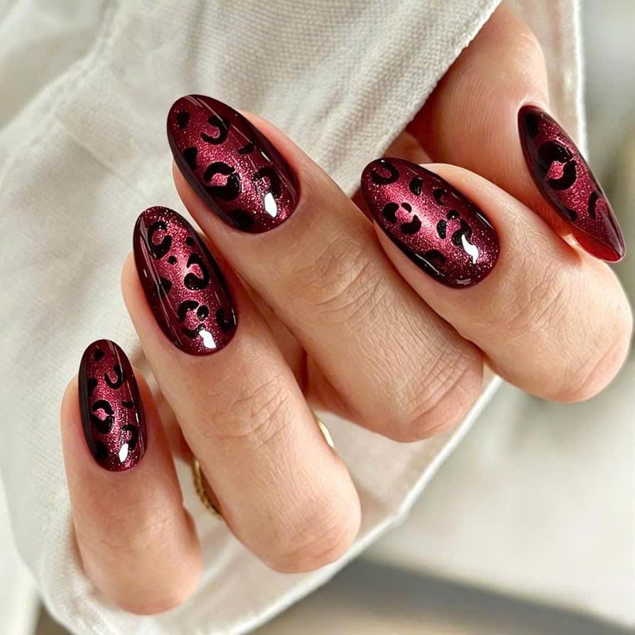 Burgundy Leopard Press-On Nails – Black Animal Print – Cat Eye Glitter Details