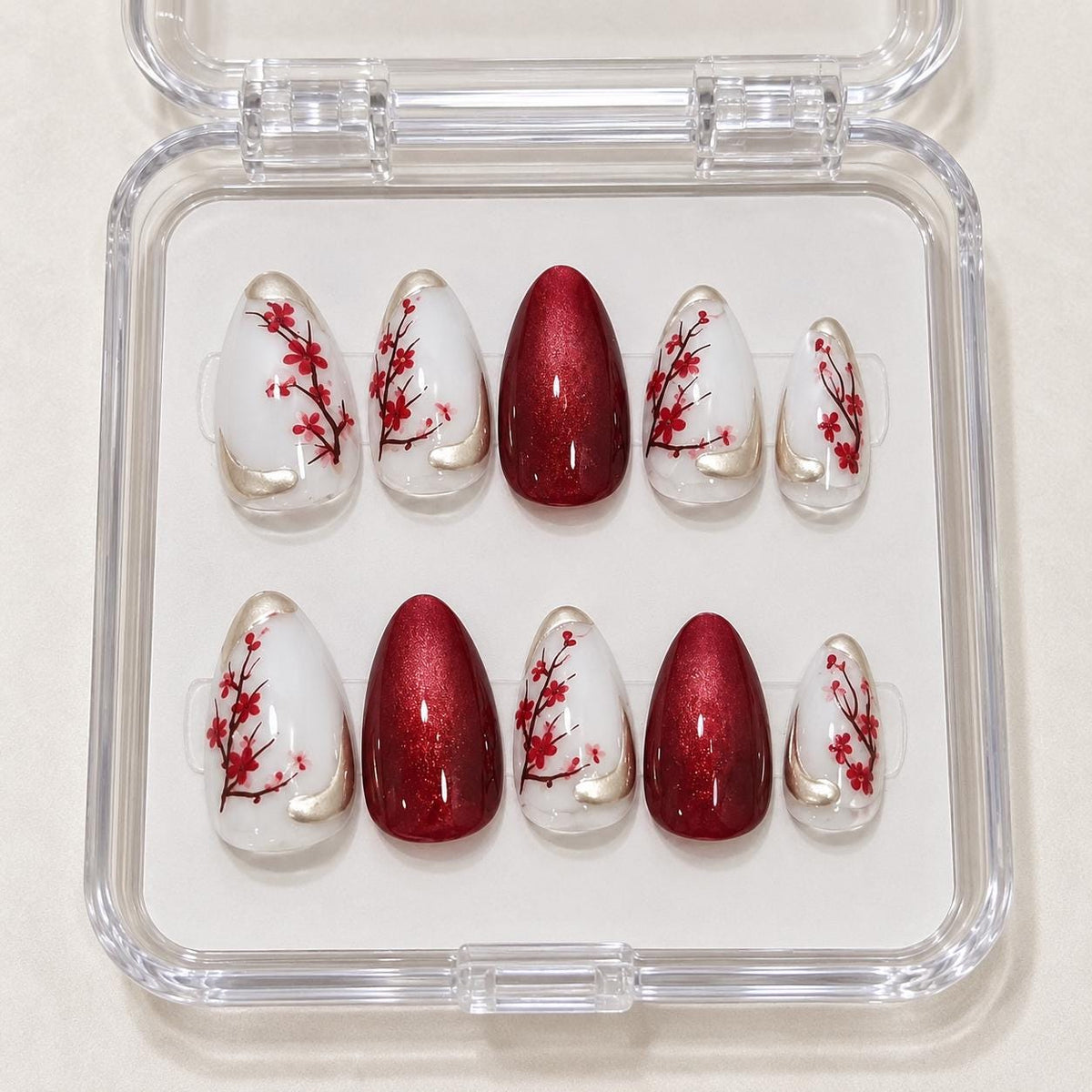 Red Floral Press-On Nails – Cherry Blossom Details – White Gold Almond
