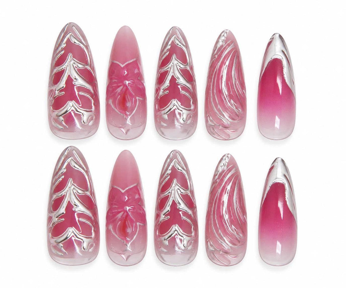 Pink Chrome Press-On Nails – Y2K Silver Swirl – 3D Floral Details