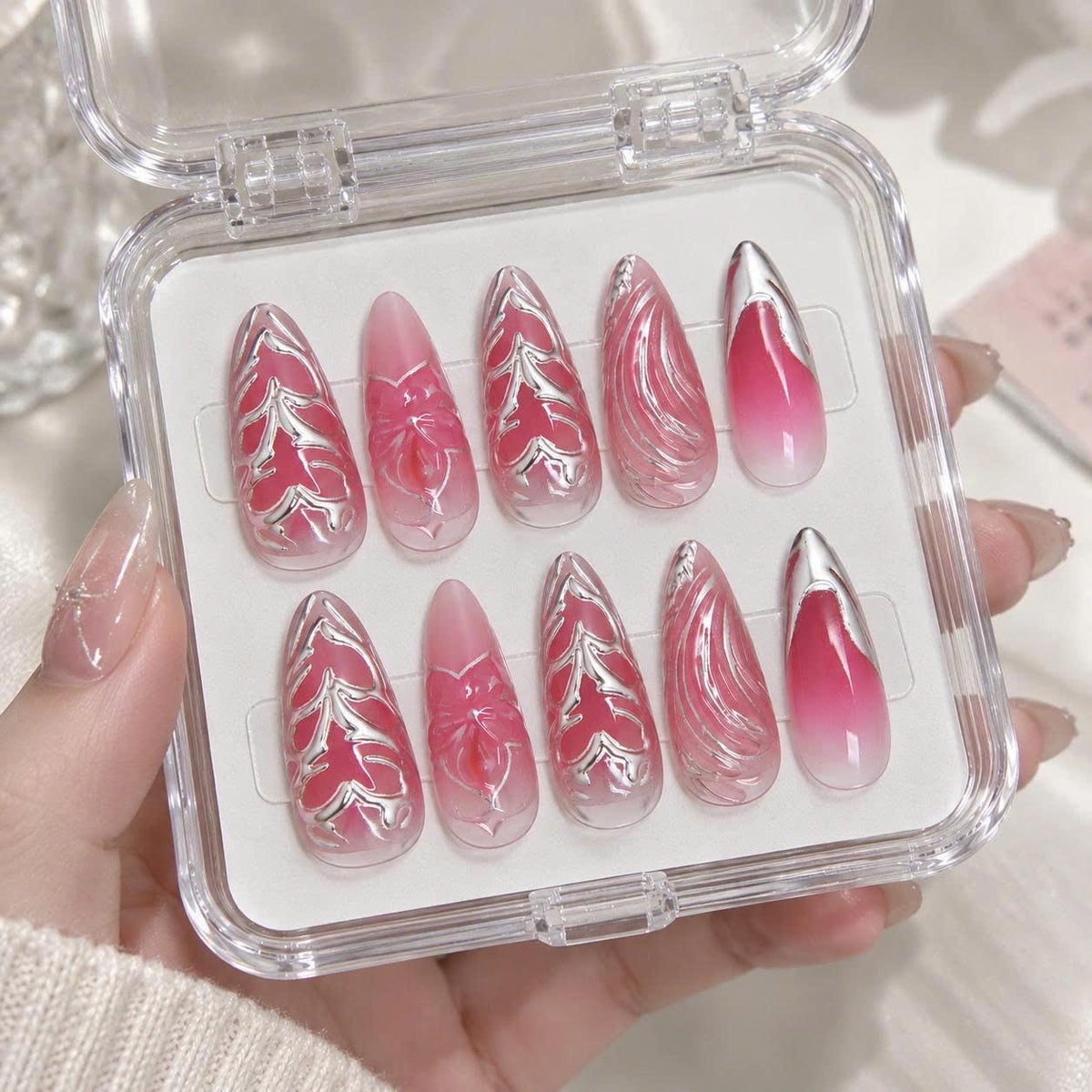 Pink Chrome Press-On Nails – Y2K Silver Swirl – 3D Floral Details
