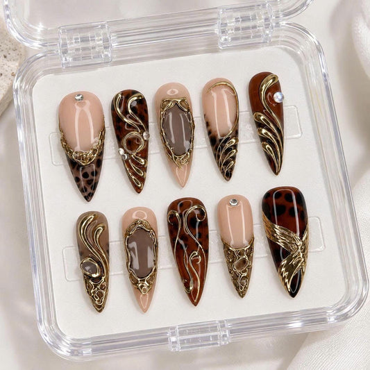 Leopard Press-On Nails – Brown Tortoise Shell – Gold 3D Chrome Details
