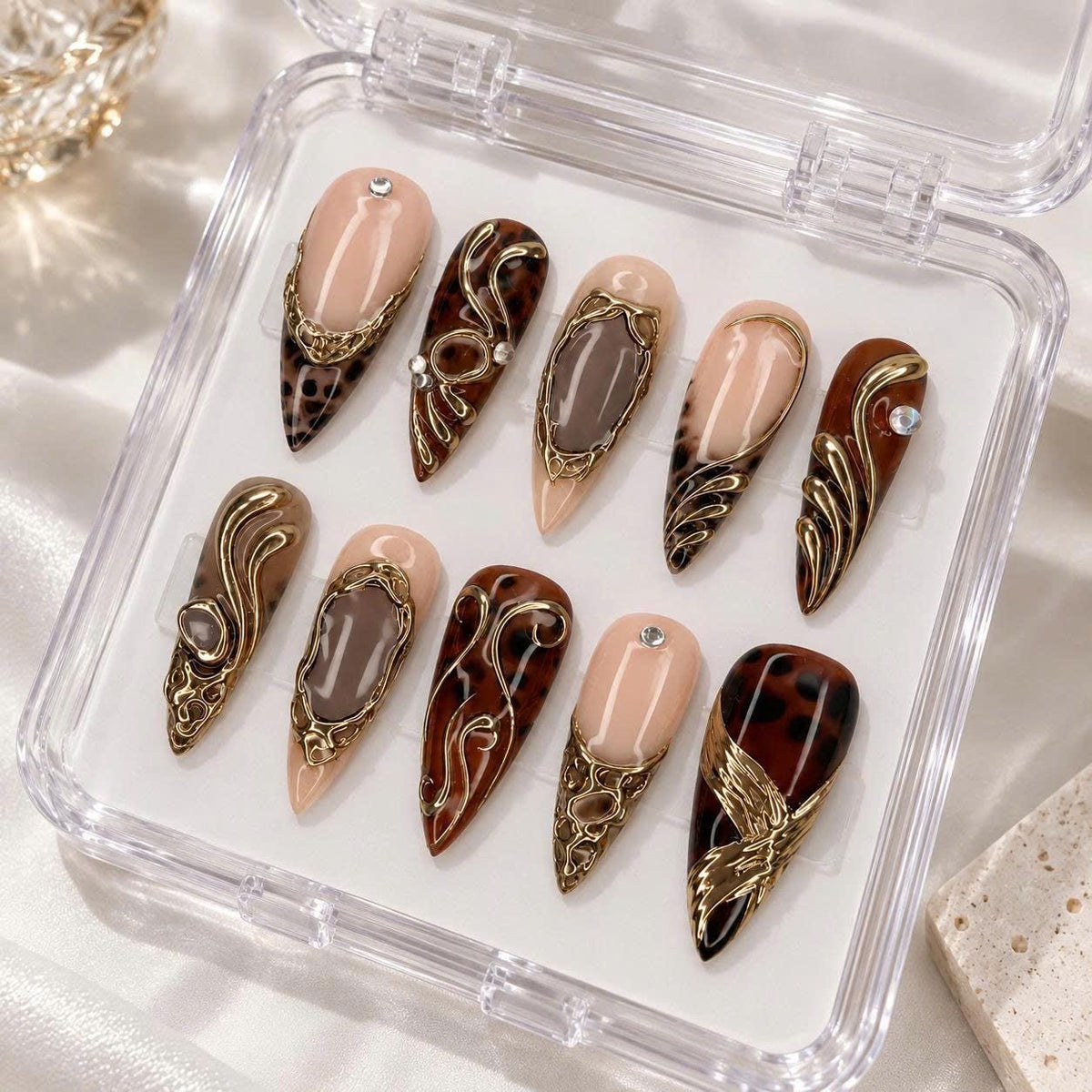 Leopard Press-On Nails – Brown Tortoise Shell – Gold 3D Chrome Details