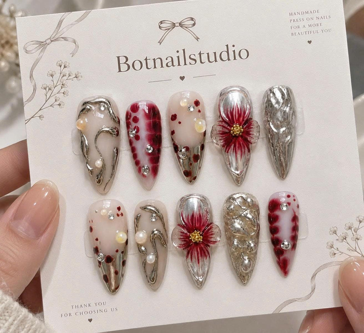 Red Floral Press-On Nails – 3D Flower Details – Silver Chrome Stiletto