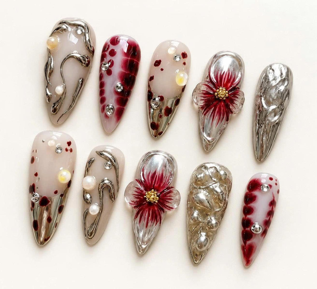 Red Floral Press-On Nails – 3D Flower Details – Silver Chrome Stiletto