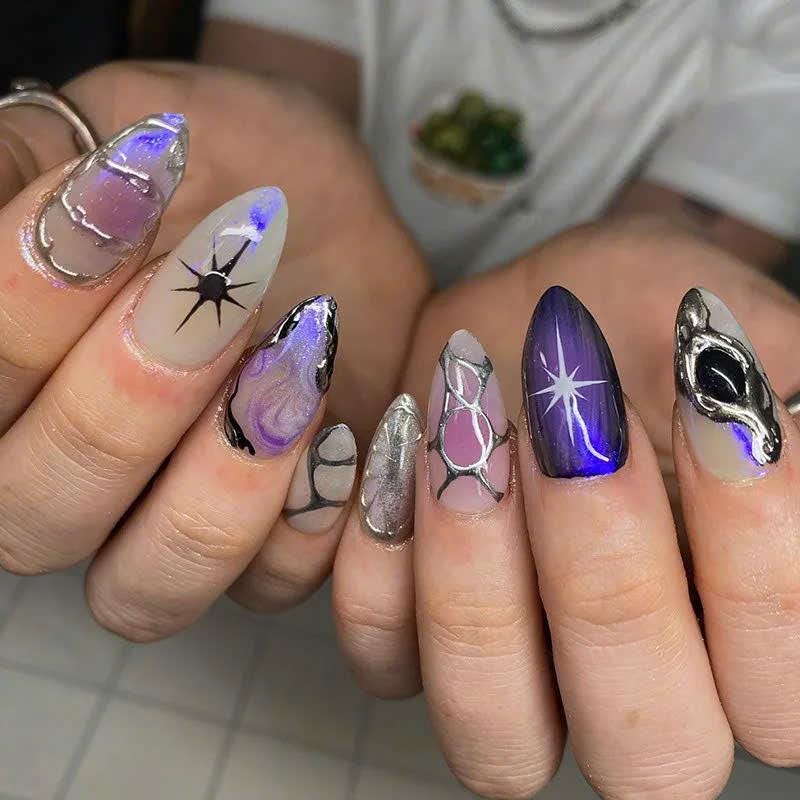Y2K Purple Press-On Nails – Silver Chrome Star – Aura Cat Eye Details