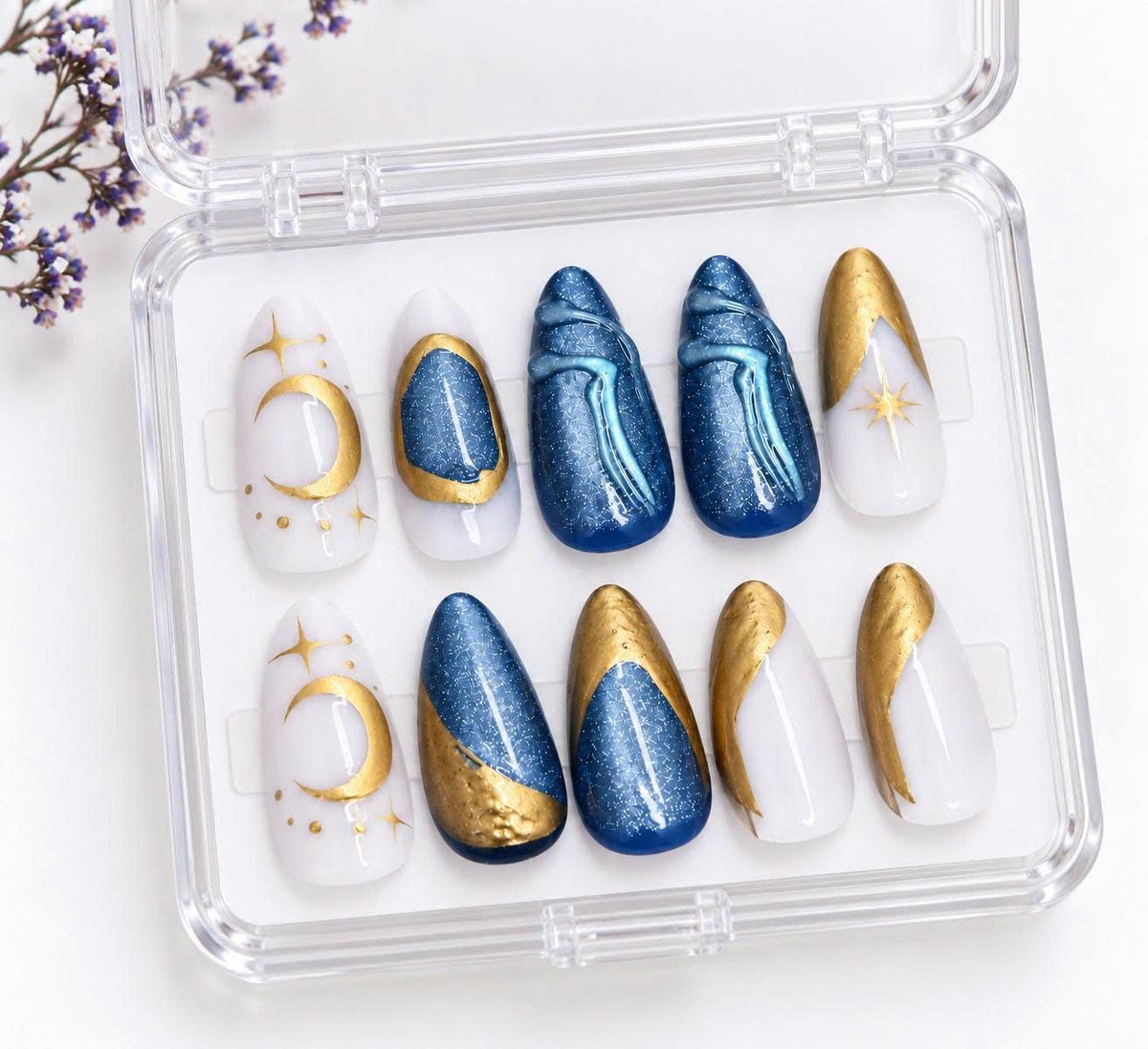 Celestial Press-On Nails – Navy Blue Moon Star – Gold Chrome 3D Details