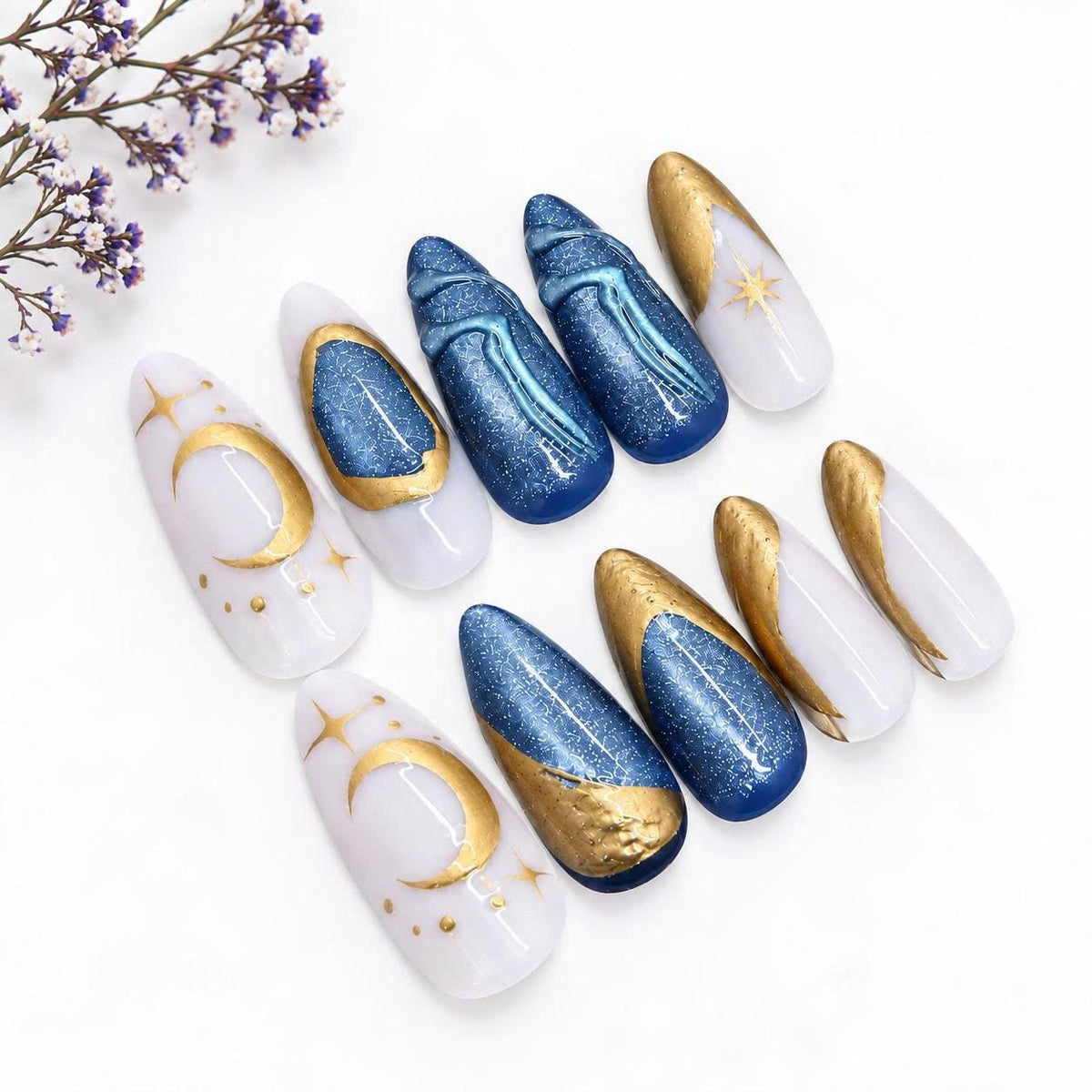Celestial Press-On Nails – Navy Blue Moon Star – Gold Chrome 3D Details
