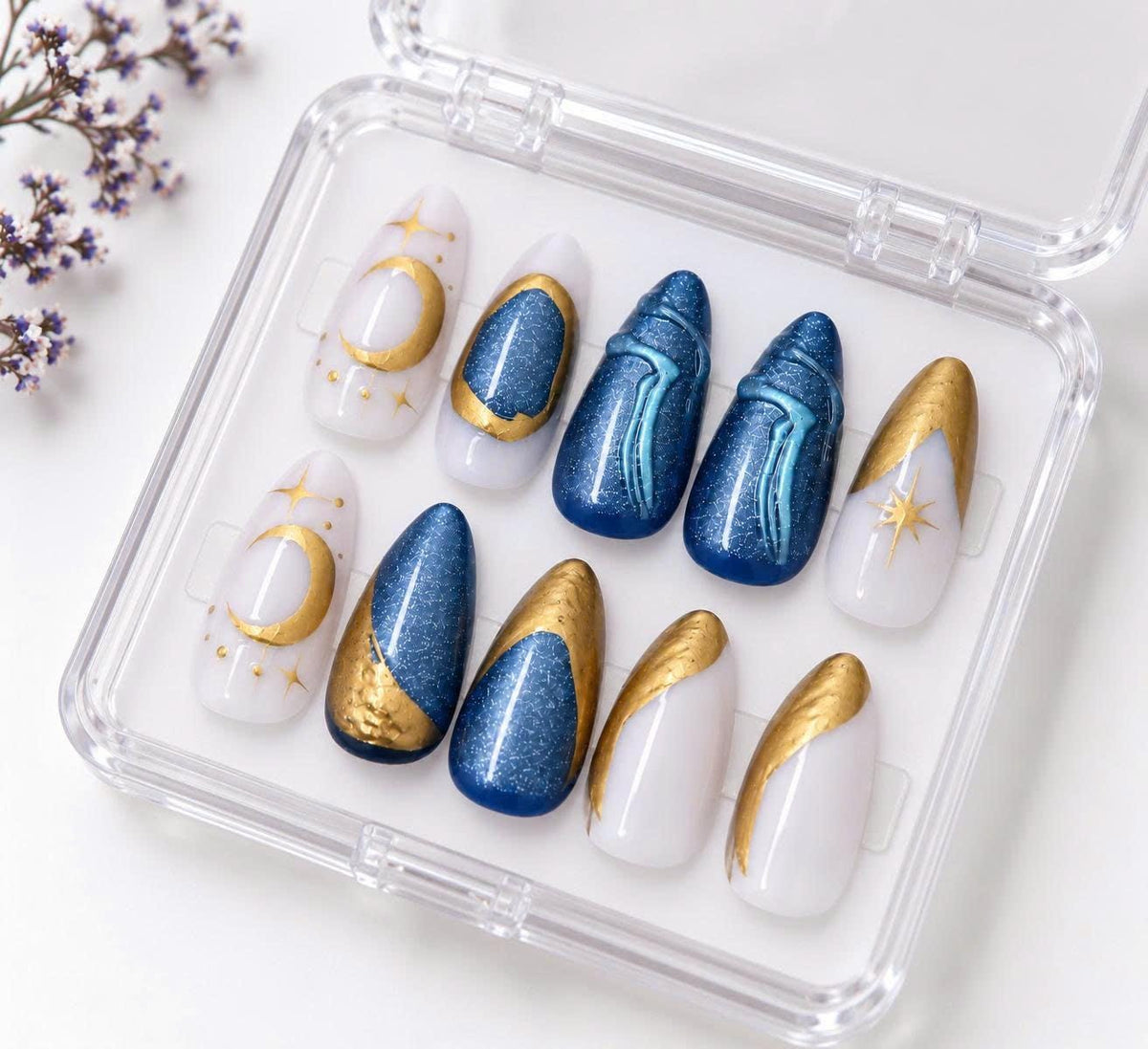 Celestial Press-On Nails – Navy Blue Moon Star – Gold Chrome 3D Details