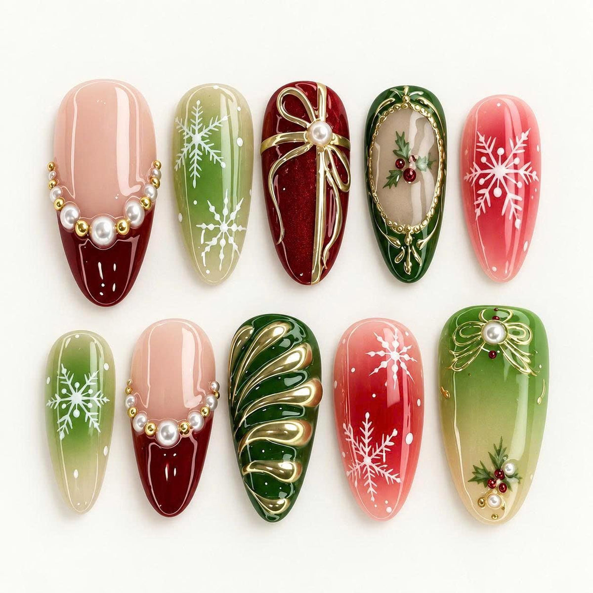 Christmas Press-On Nails – Red Green Snowflake – Gold Bow 3D Details