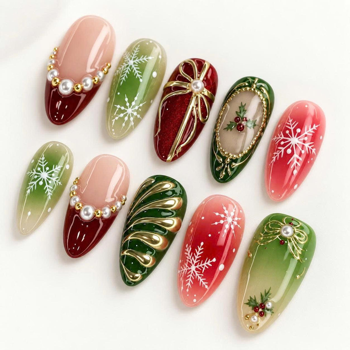 Christmas Press-On Nails – Red Green Snowflake – Gold Bow 3D Details