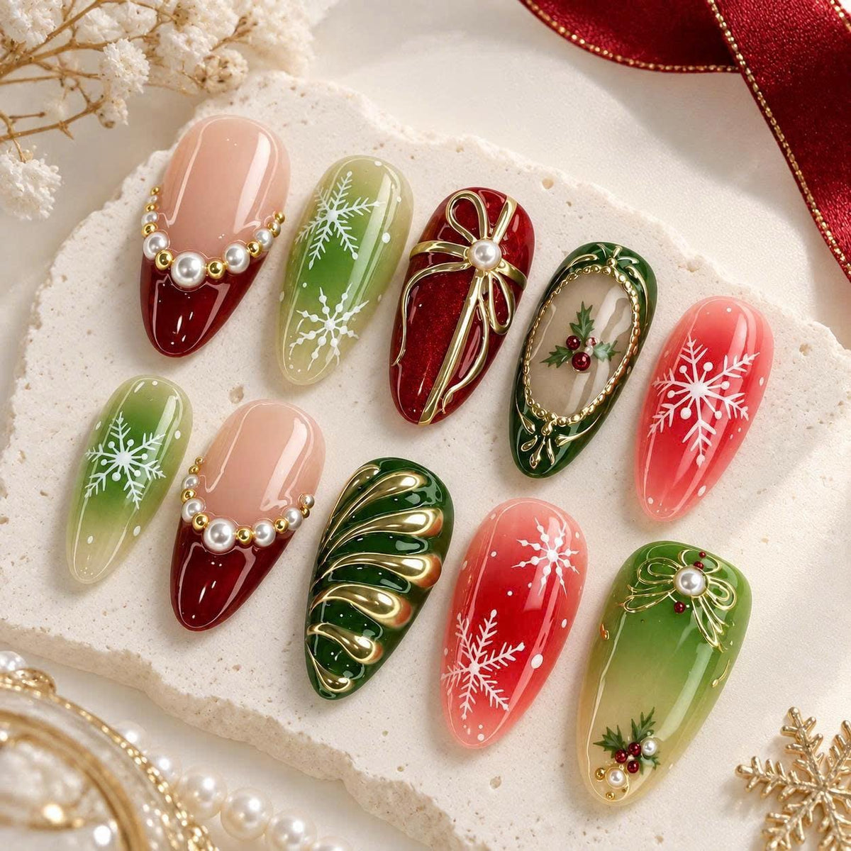 Christmas Press-On Nails – Red Green Snowflake – Gold Bow 3D Details