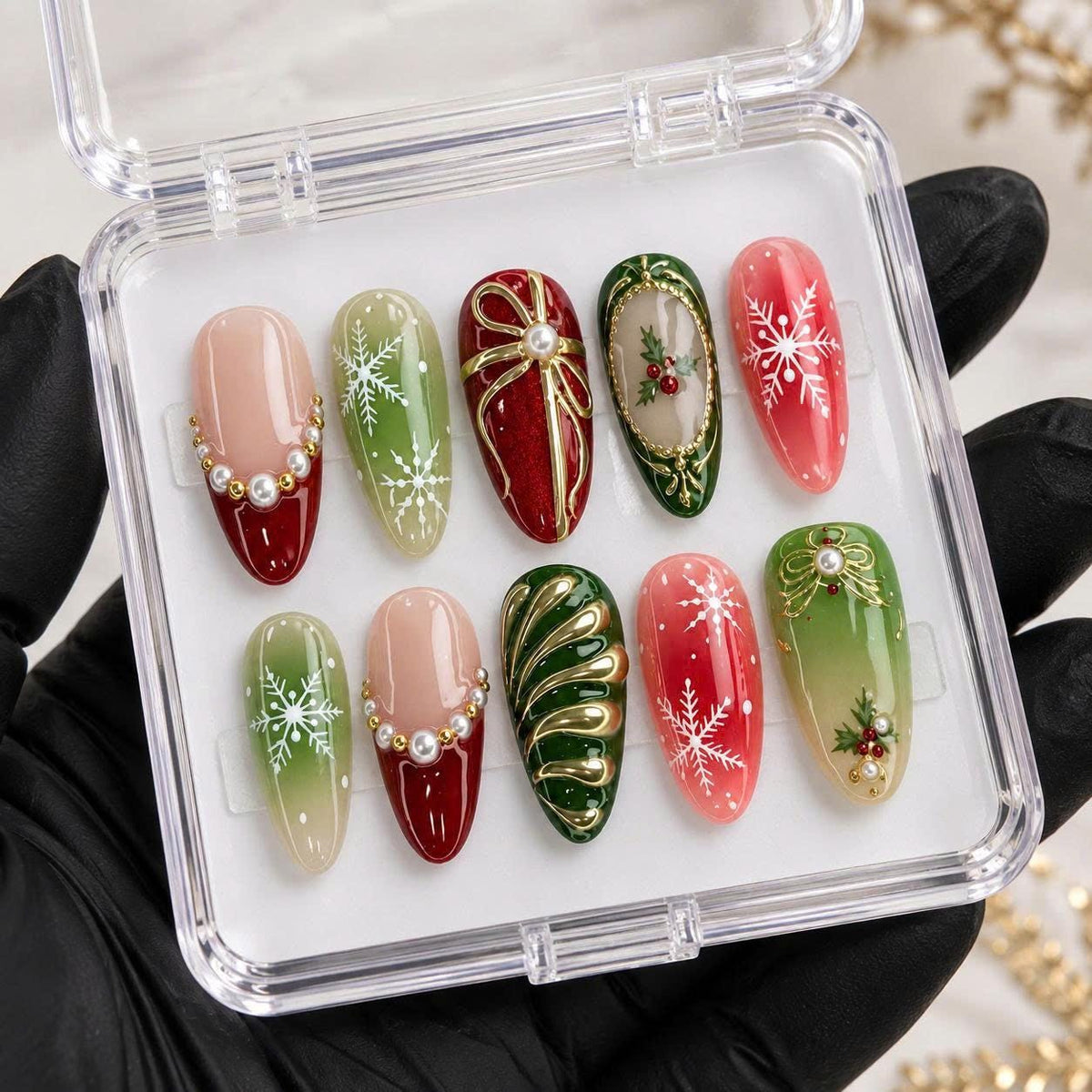 Christmas Press-On Nails – Red Green Snowflake – Gold Bow 3D Details