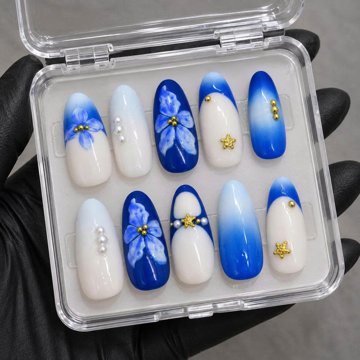 Blue Floral Press-On Nails – Cobalt Blue 3D Flower – Pearl Star Details