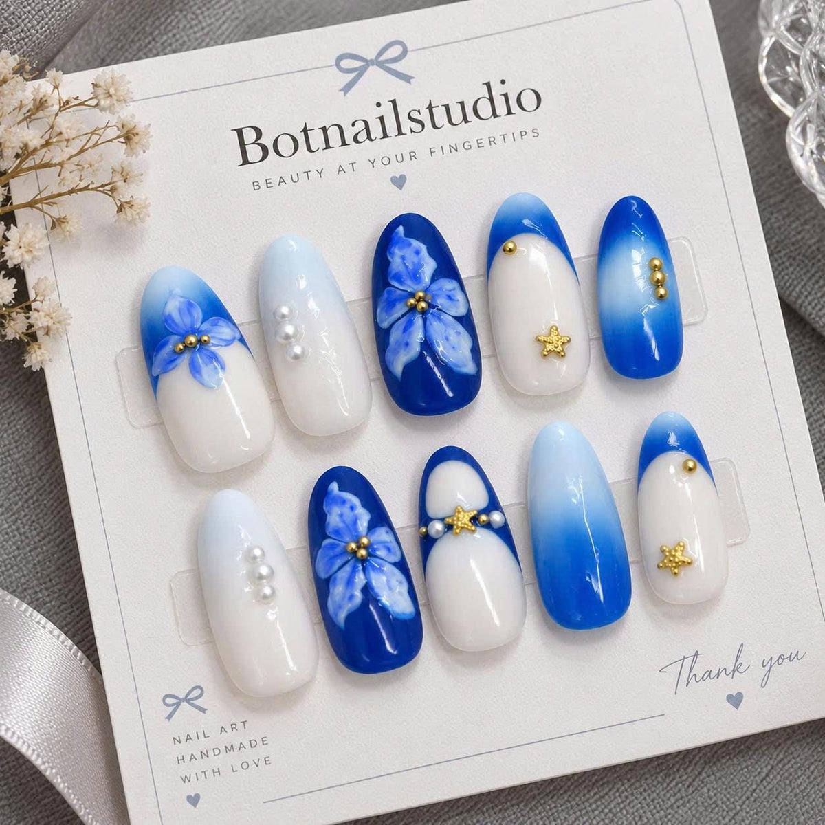 Blue Floral Press-On Nails – Cobalt Blue 3D Flower – Pearl Star Details