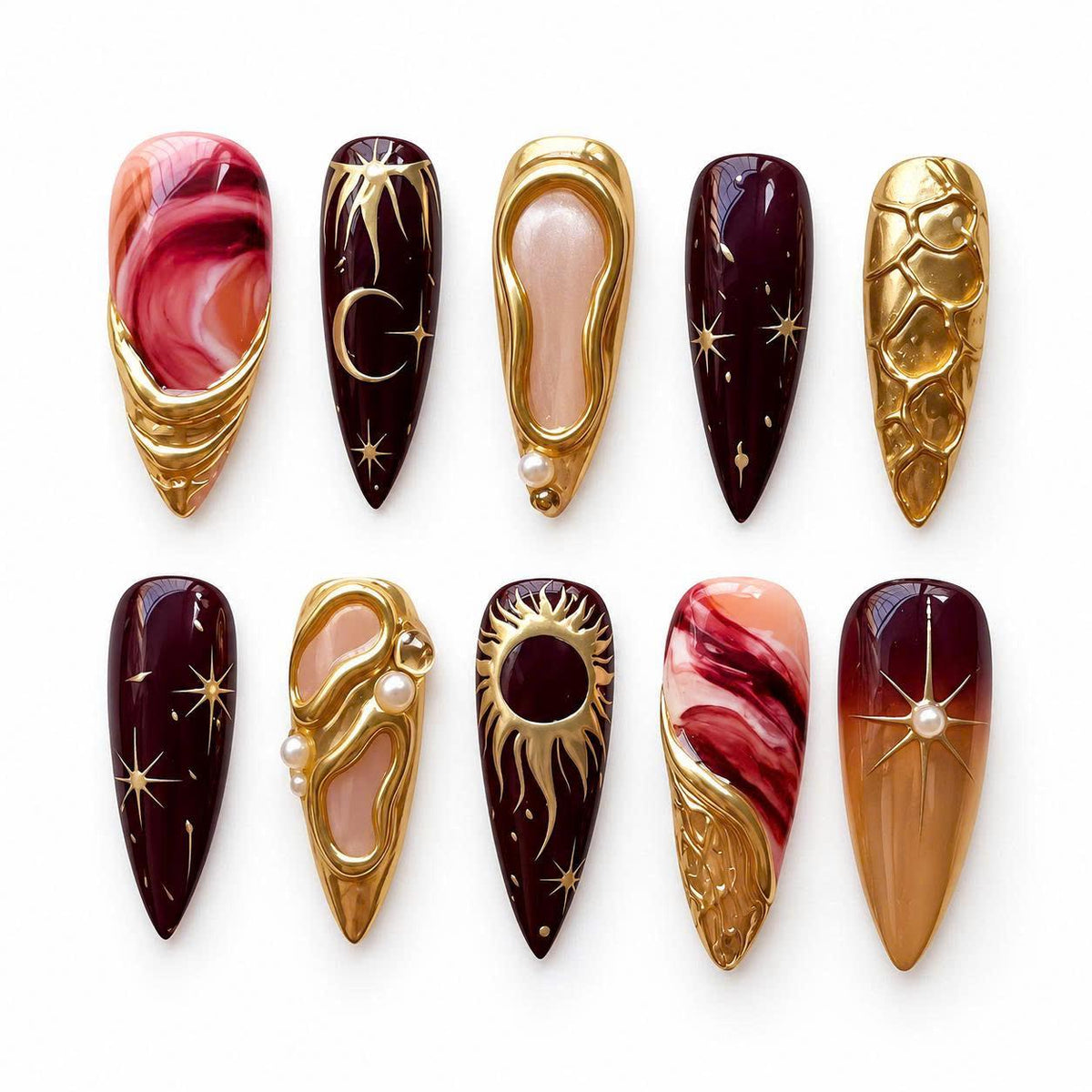 Celestial Press-On Nails – Burgundy Gold Sun Moon – 3D Chrome Star Details