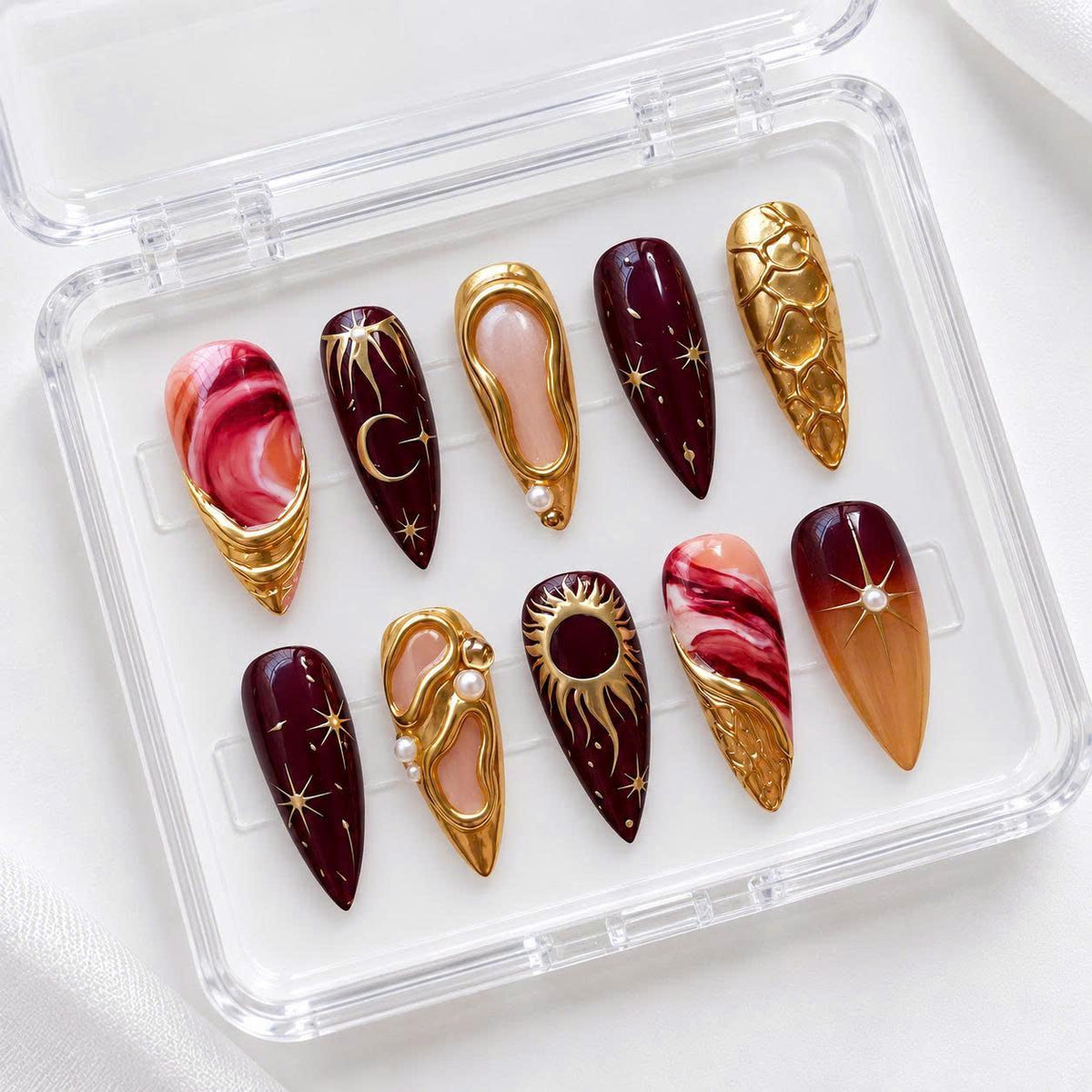 Celestial Press-On Nails – Burgundy Gold Sun Moon – 3D Chrome Star Details