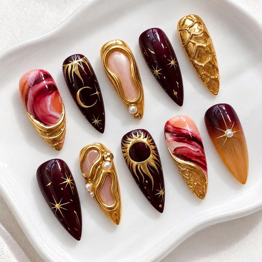 Celestial Press-On Nails – Burgundy Gold Sun Moon – 3D Chrome Star Details