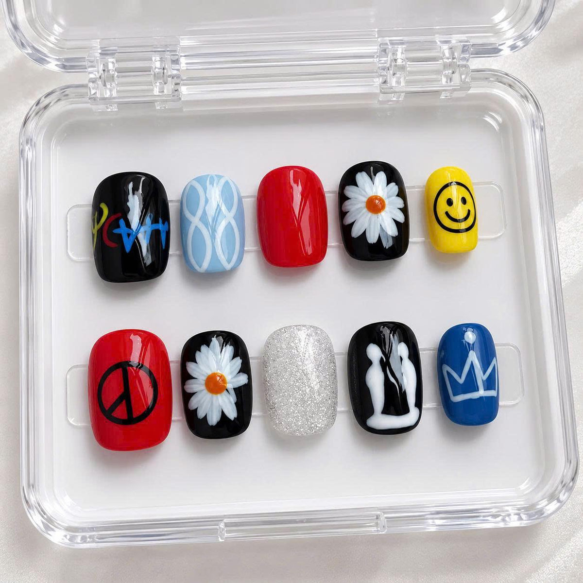 Pop Art Press-On Nails – Colorful Graffiti Daisy – Smiley Face Details