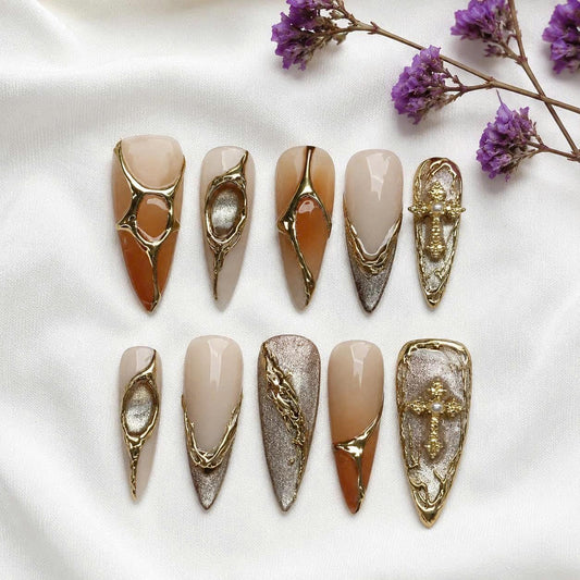 Gold Chrome Press-On Nails – Y2K Stiletto – 3D Cross Details