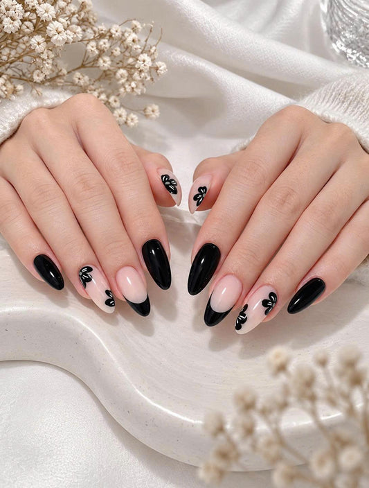 Black Butterfly Press-On Nails – Nude Almond – Black French Tip